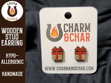 Christmas Present Wood Stud Earrings - Christmas Fashion Earring - Stud Earring - Charm and Char
